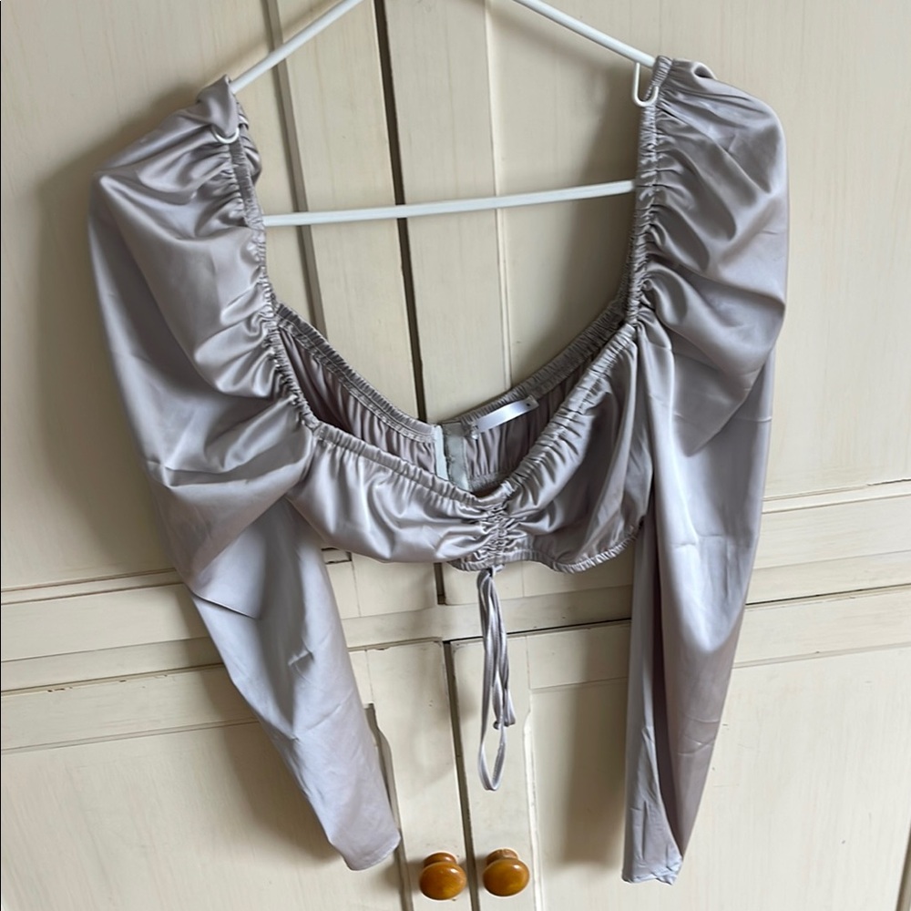 Gray Ruched Puff Sleeve Crop Blouse